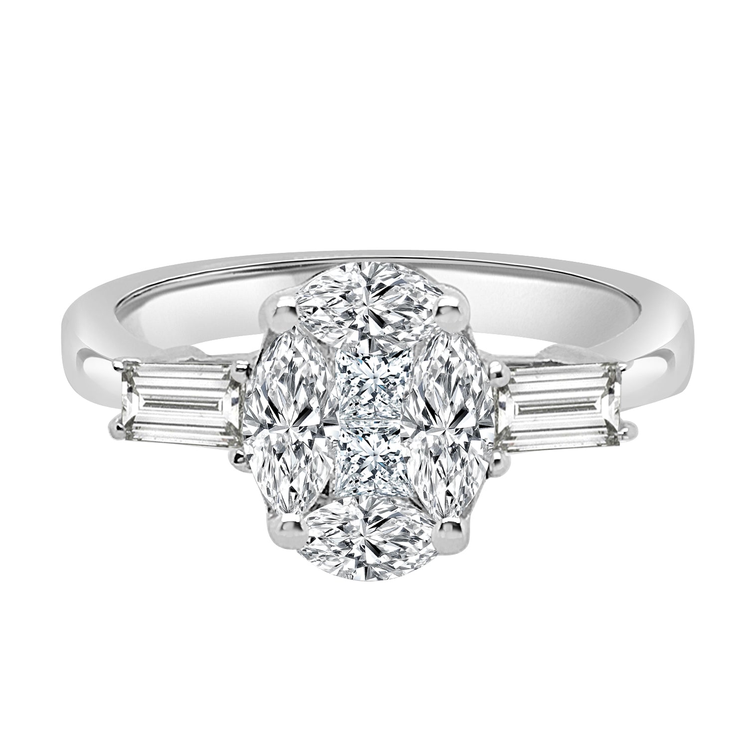 Oval Mosaic and Baguette Diamond Ring in 18 Karat White Gold - 1.04 Carats