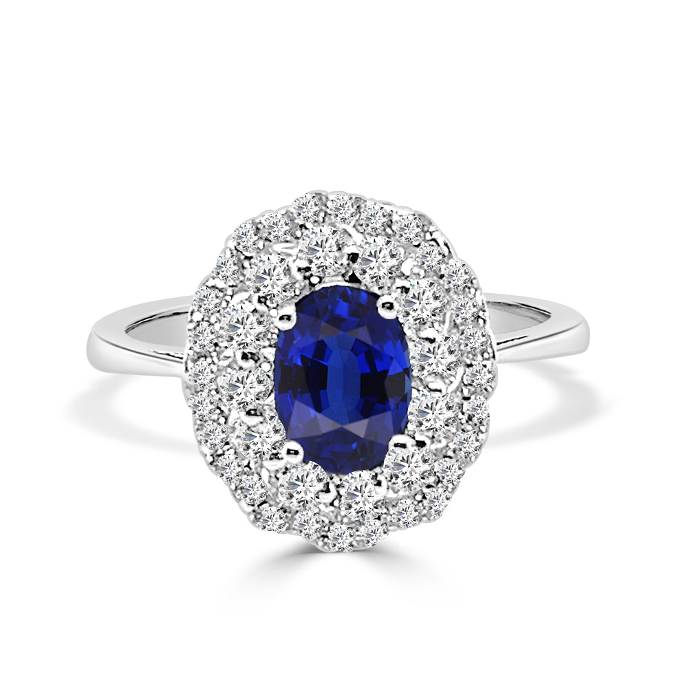 14K White Gold Blue Sapphire Double Halo Ring with Oval-Shaped 1ct Blue Sapphire