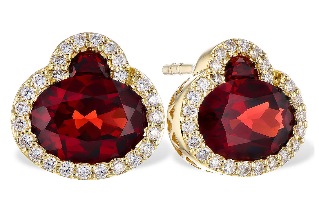 14 Karat Yellow Gold Oval Garnet and Round Diamond Gemstone Earrings