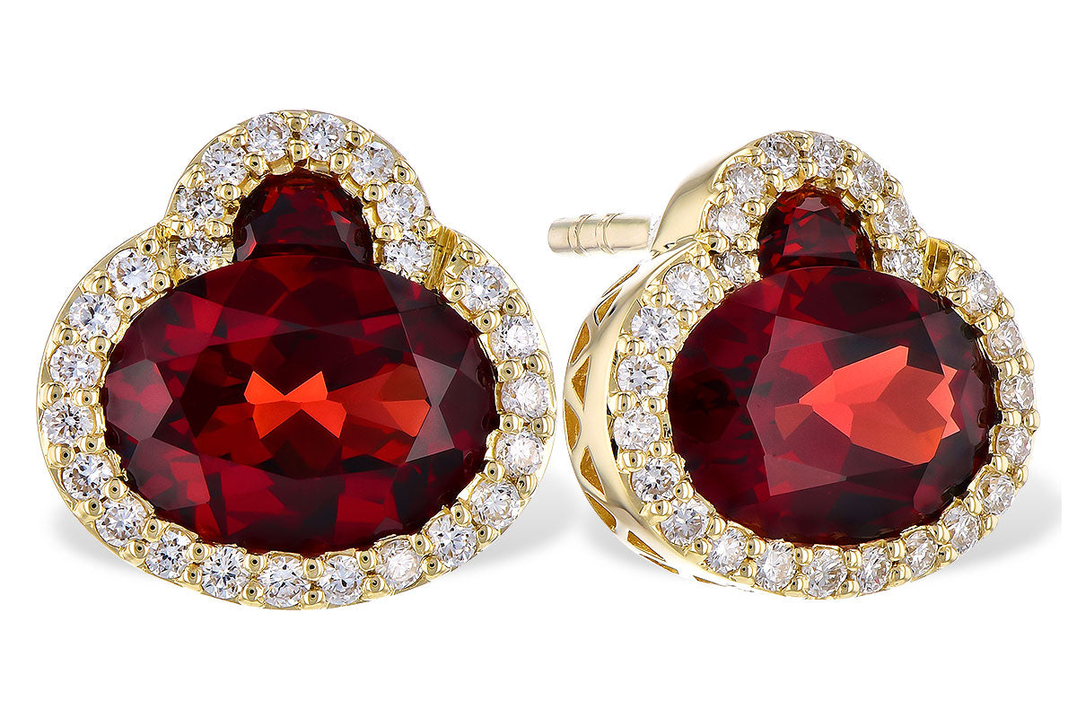 14 Karat Yellow Gold Oval Garnet and Round Diamond Gemstone Earrings