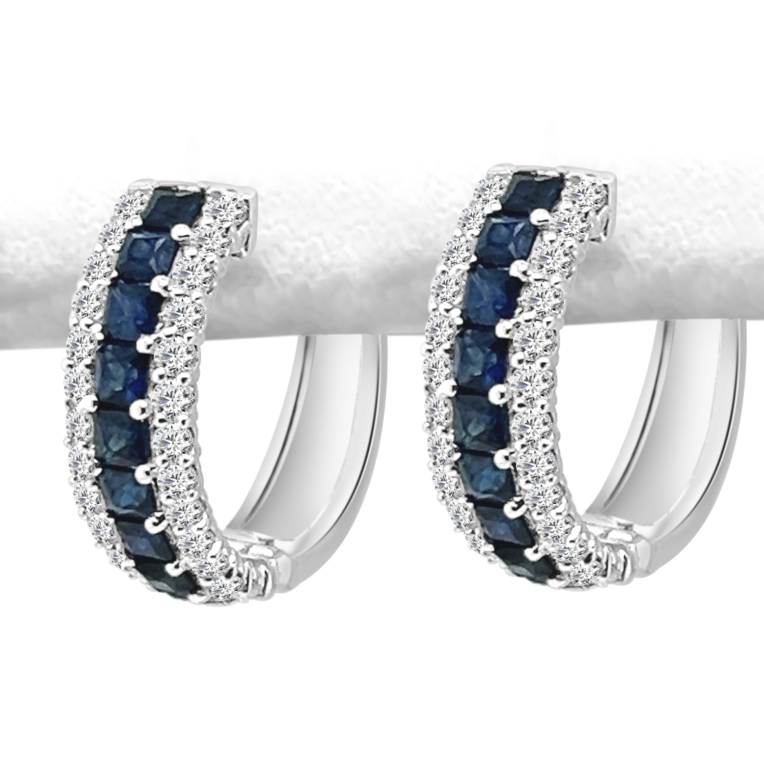 14K White Gold Diamond and Sapphire Shared Prong Hoop Earrings with 1.39ct Blue Sapphire