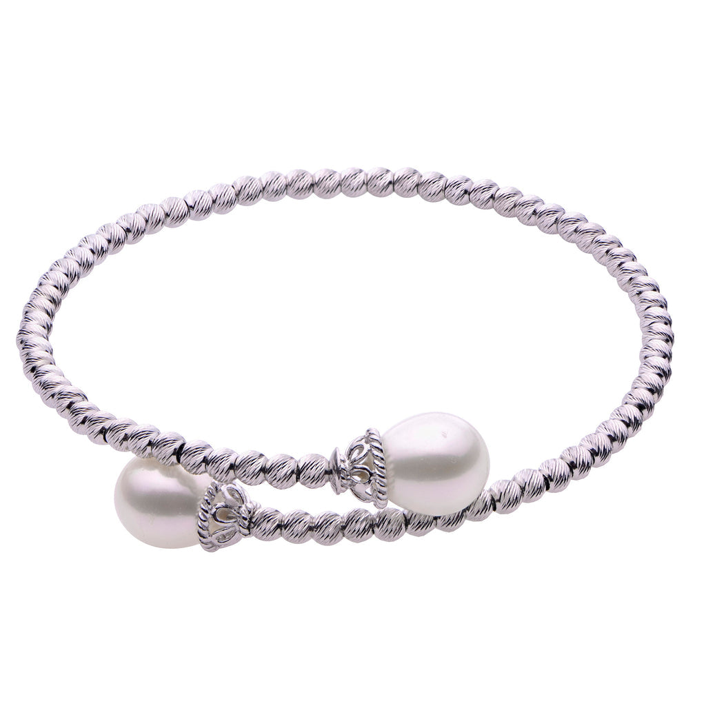 Rhodium Brilliance Bead Pearl Bangle Bracelet in Sterling Silver