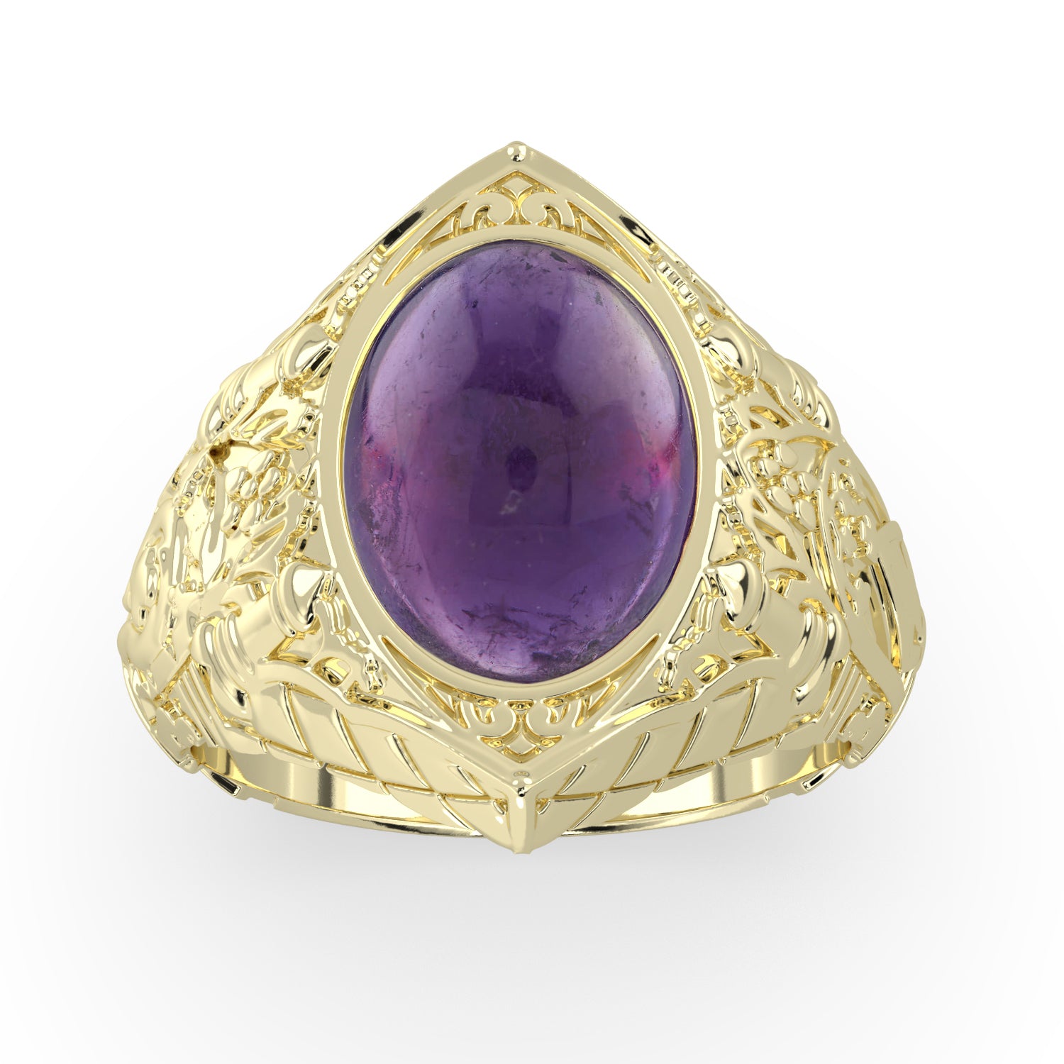 Navette Shaped Amethyst Ring in 14 Karat Yellow Gold Antique Filigree Design