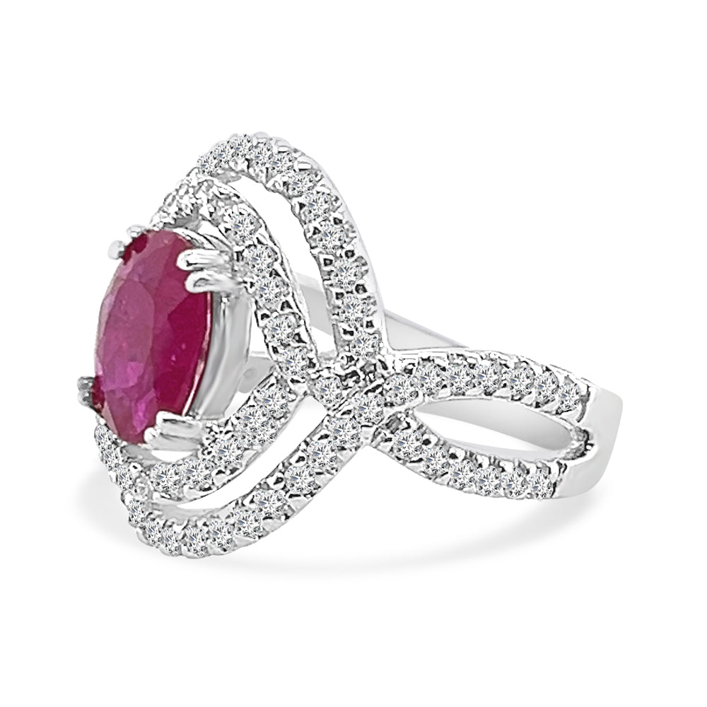 14K White Gold Diamond and Ruby Oval Shape Ring - 2.20 Carat