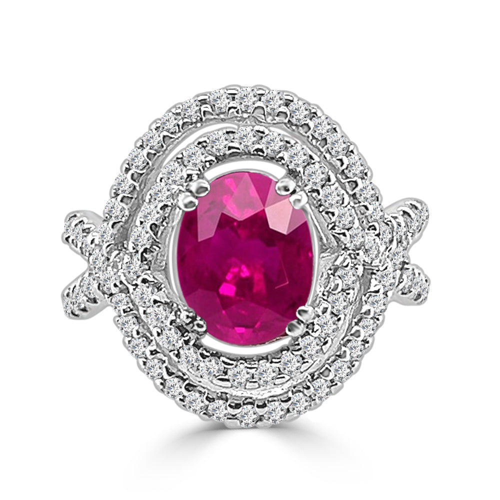 14K White Gold Diamond and Ruby Oval Shape Ring - 2.20 Carat