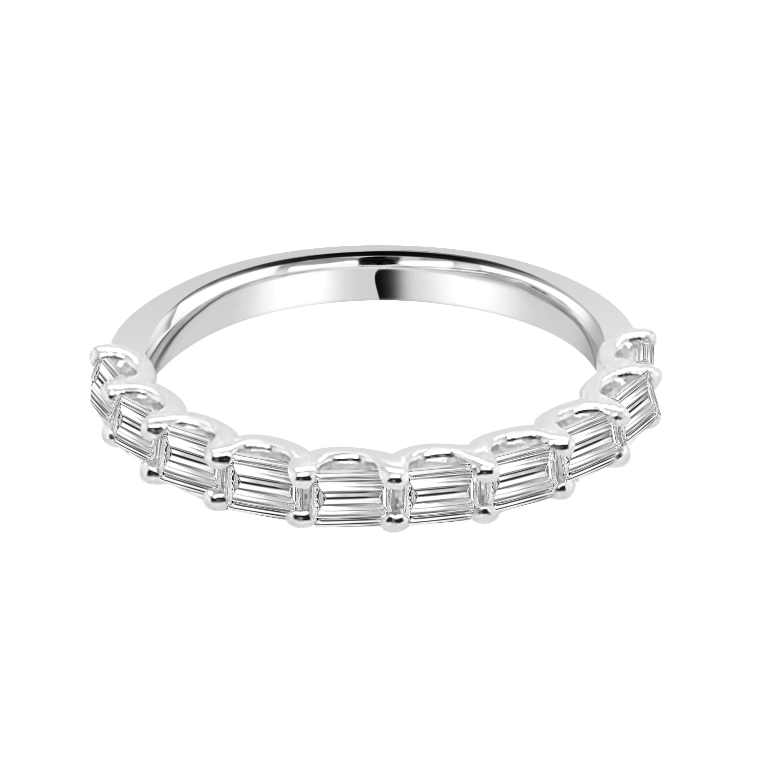 14K White Gold Wedding Band with Fancy Emerald and 0.80 ct Natural Diamond Accent