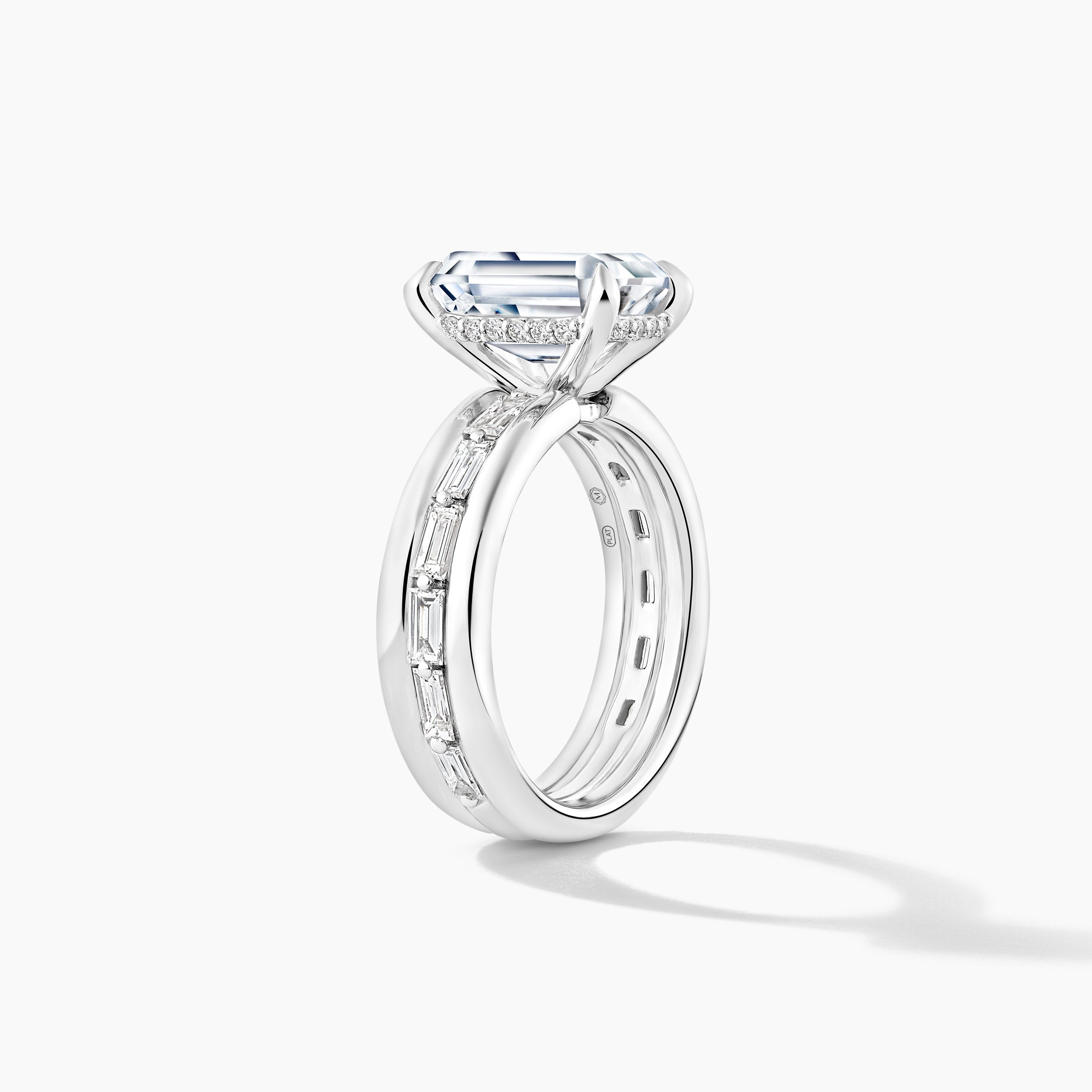 Platinum Hidden Halo SMP Emerald Diamond Band Engagement Mounting