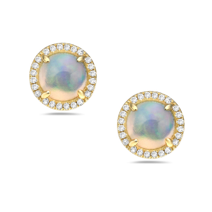14K Yellow Gold Opal Stud Earrings with Halo - Round 0.96 Carat