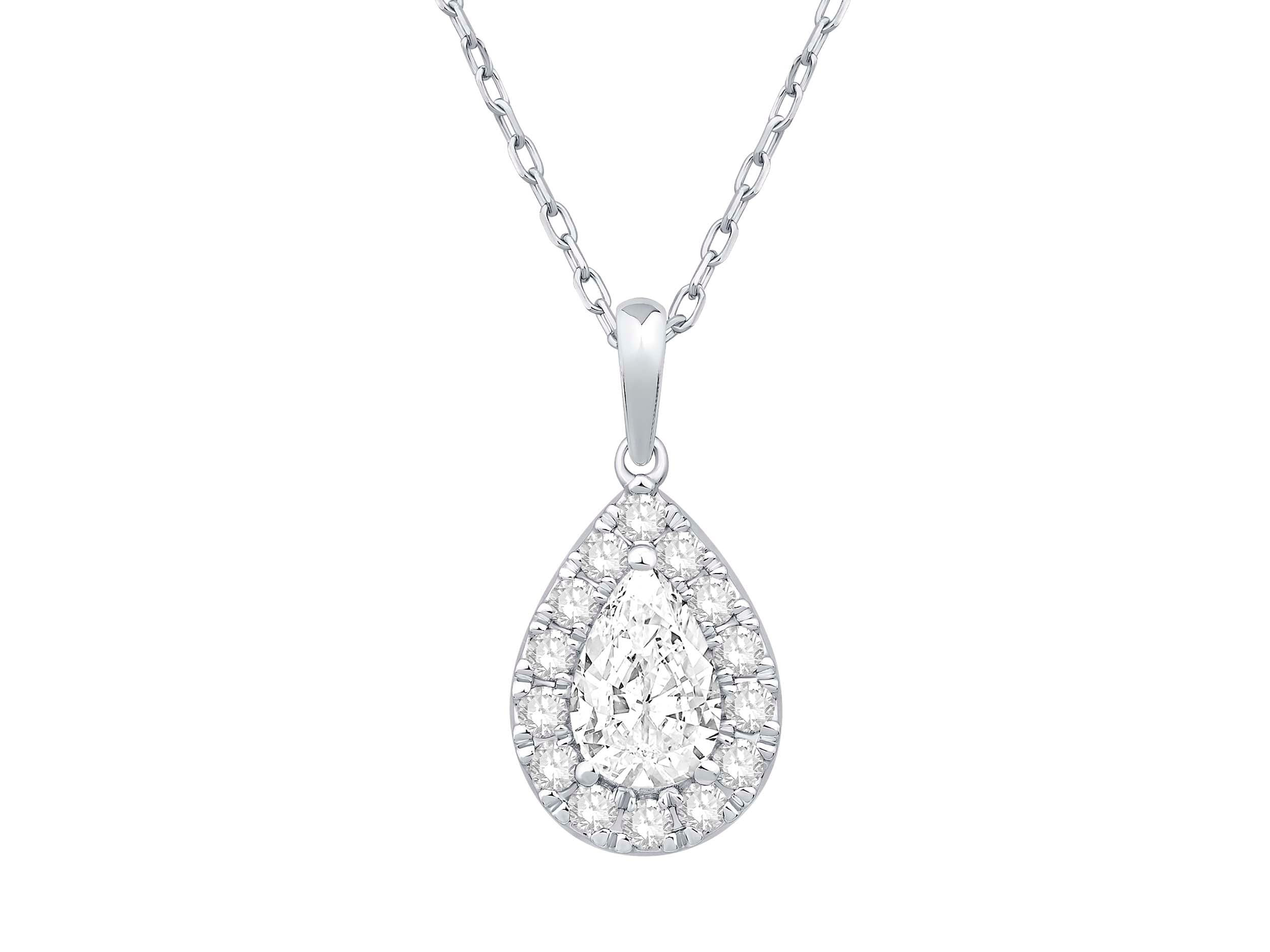 Stunning 14K White Gold Pear Shape Halo Pendant Necklace with 1.01 Lab Diamond