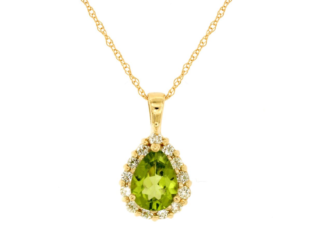 14 Karat Yellow Gold Halo Necklace with Cable Chain featuring Pear Shape Peridot Gemstone, Round Shape Natural Diamond
