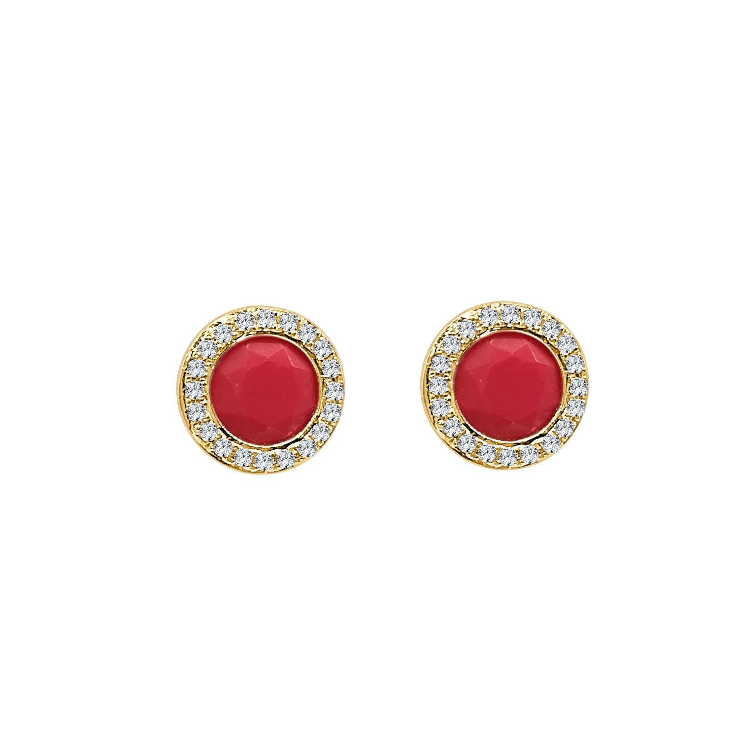 14 Karat Yellow Gold Halo Stud Earrings with Coral Accent - 1.04 Carats