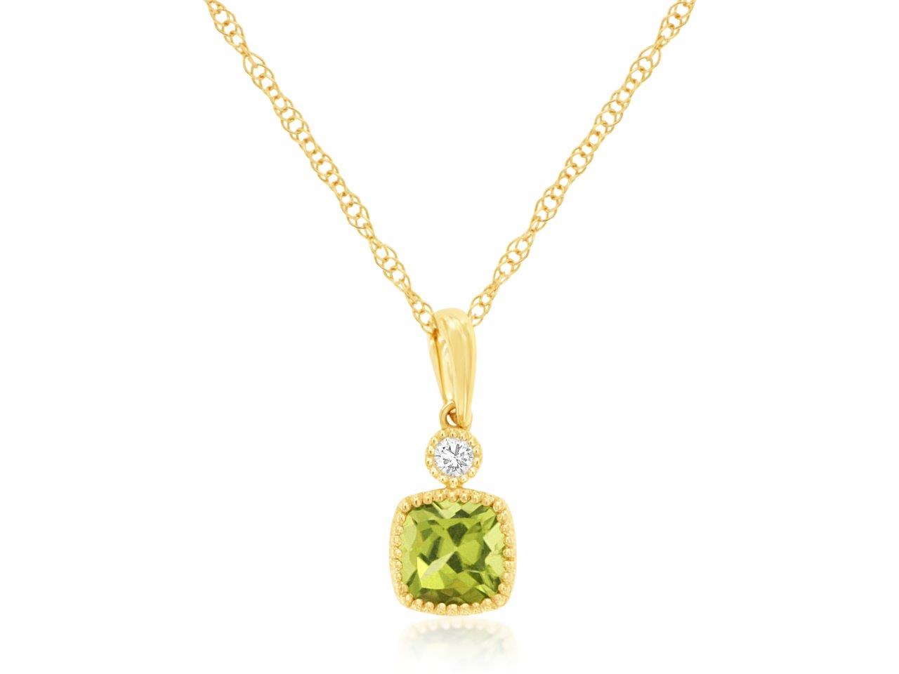 14K Yellow Gold Beaded Bezel Necklace with Cushion-Cut Citrine, Natural Diamond Accents and Cable Chain