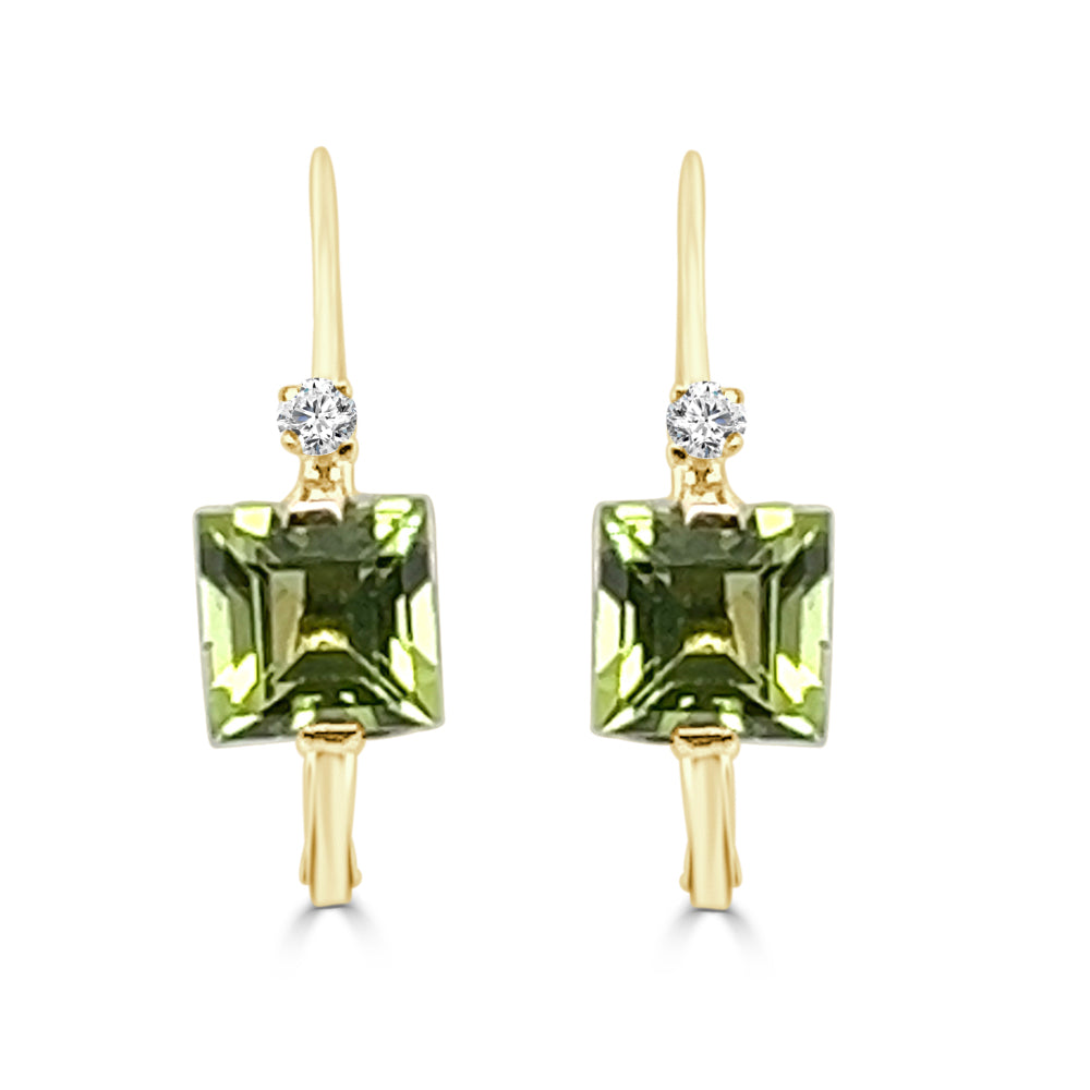 14 Karat Yellow Gold Asscher Peridot and Diamond Earrings - 1.80 Carats