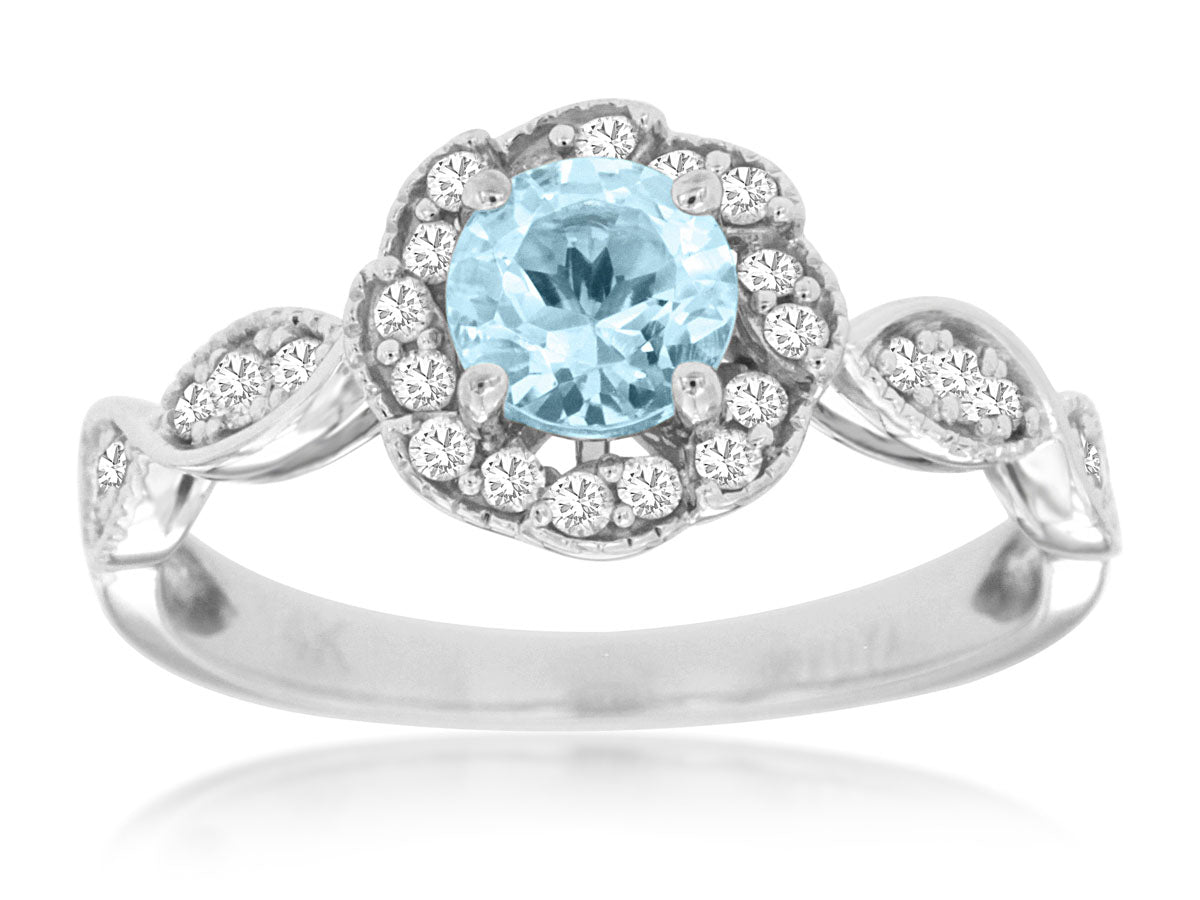 Round Aquamarine and Diamond Ring in 14 Karat White Gold - 0.55 Carat
