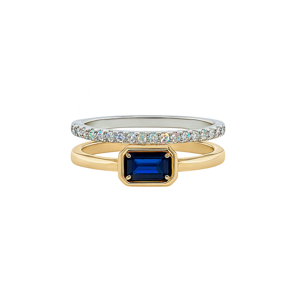 Emerald Shape Blue Sapphire & Diamond Double Band Ring in 14 Karat Two-Tone Gold - 0.32 Carats