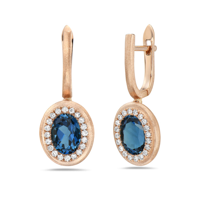 Brushed Oval Halo Blue Topaz Earrings in 14 Karat Yellow Gold - 2.08 Carat
