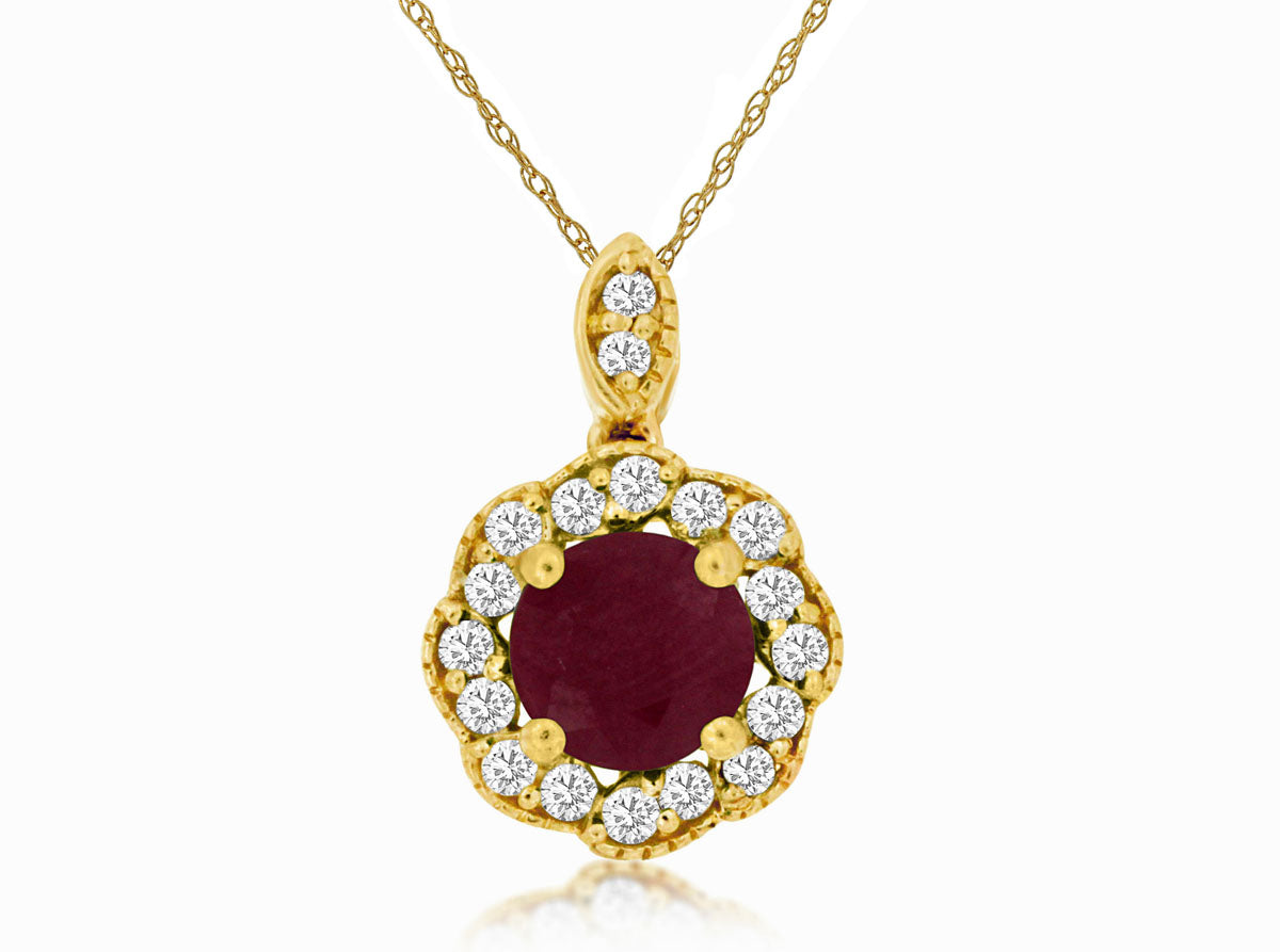 14 Karat Yellow Gold Halo Necklace with Ruby and Natural Diamond Accents