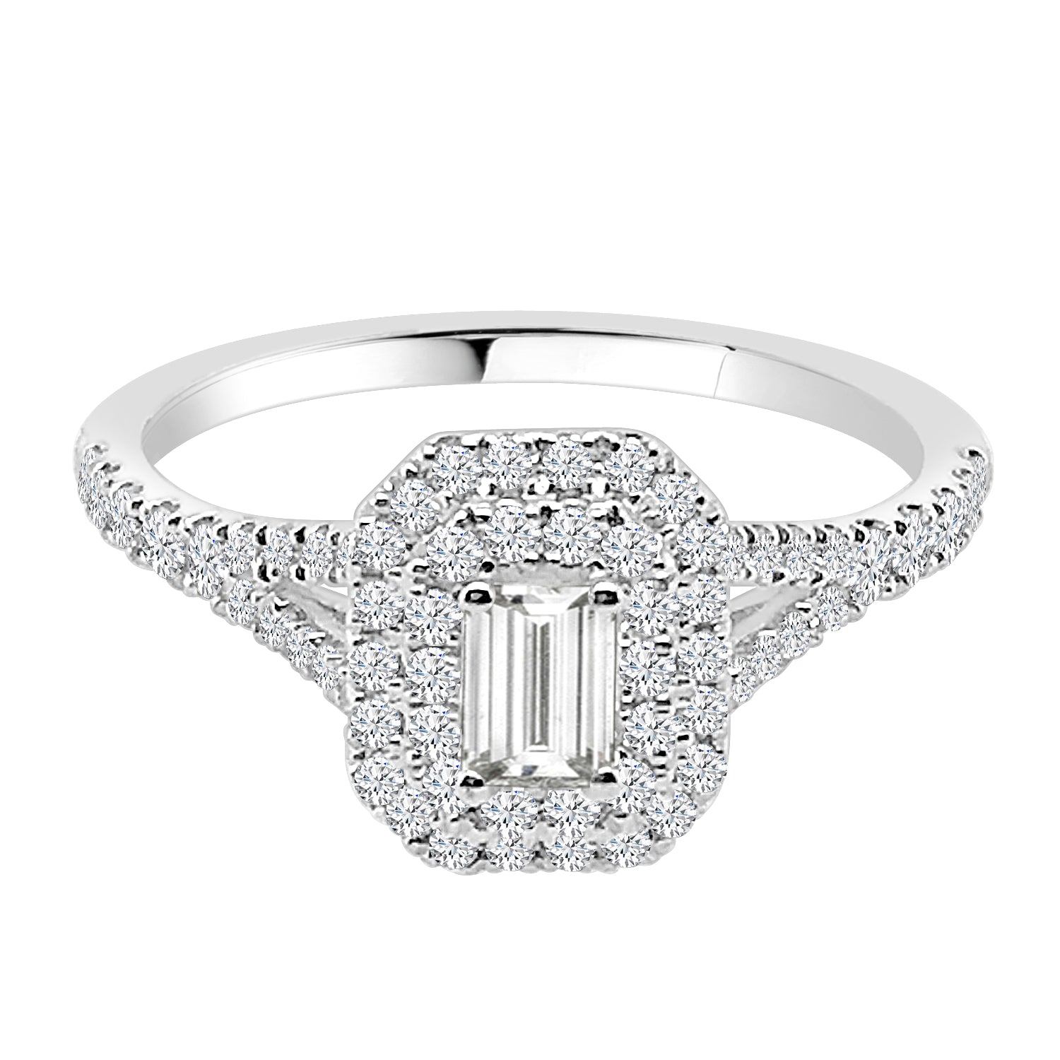 14K White Gold Emerald Double Engagement Ring with 0.82ct Natural Diamond
