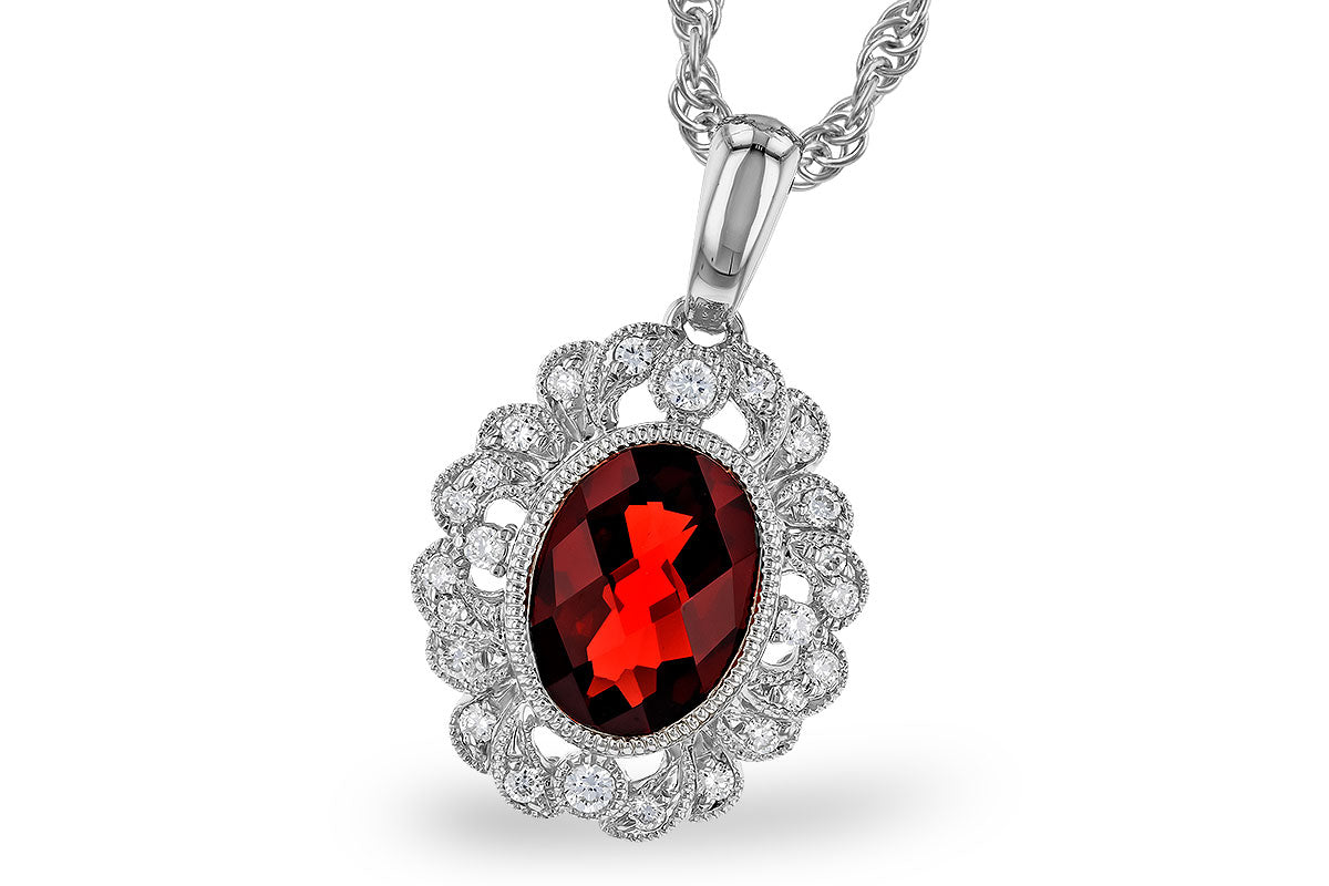 14K White Gold Oval Garnet Floral Halo Necklace 1.40