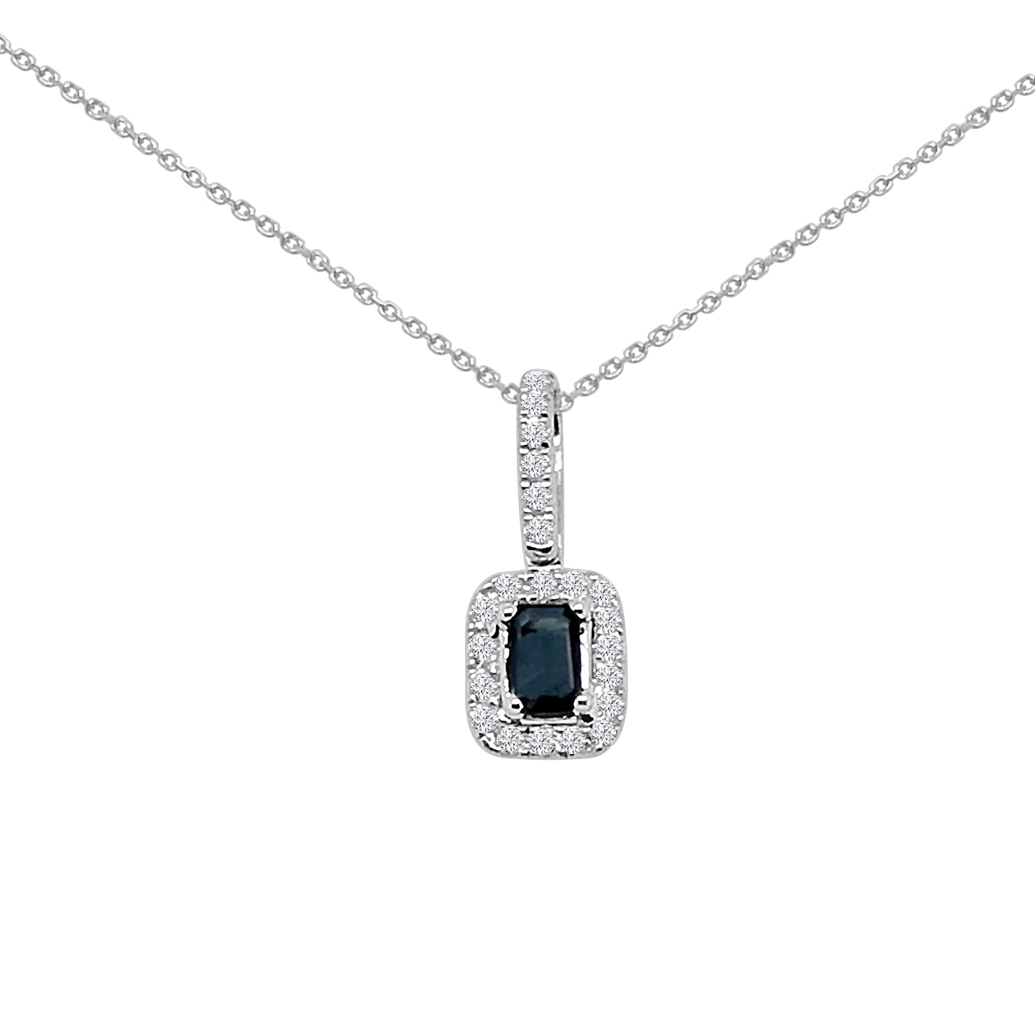 14K White Gold Halo Necklace with 2.15 ct Emerald Cut Blue Sapphire