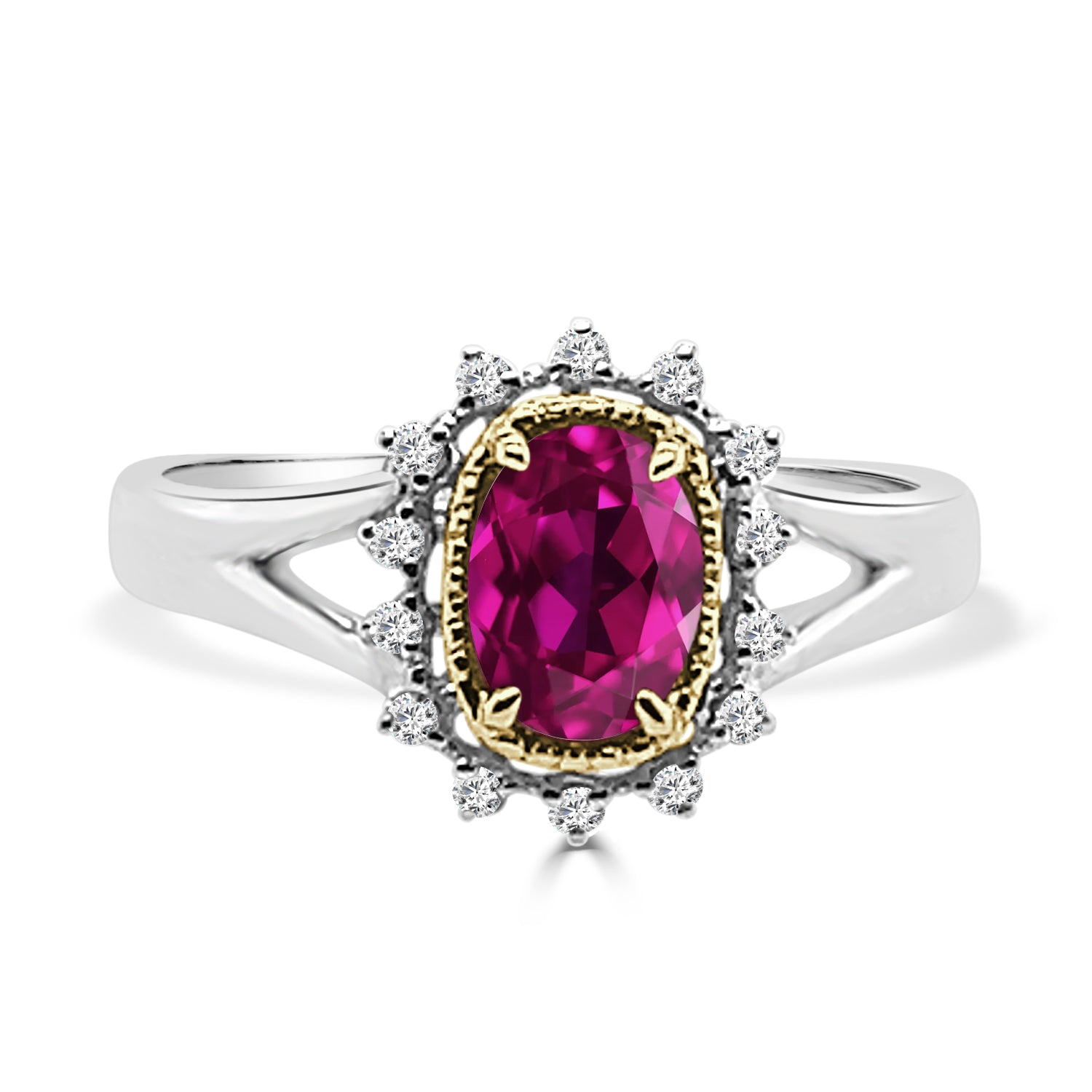 14K Two-Tone Ruby Split Shank Ring with Diamond Halo - 0.62ct