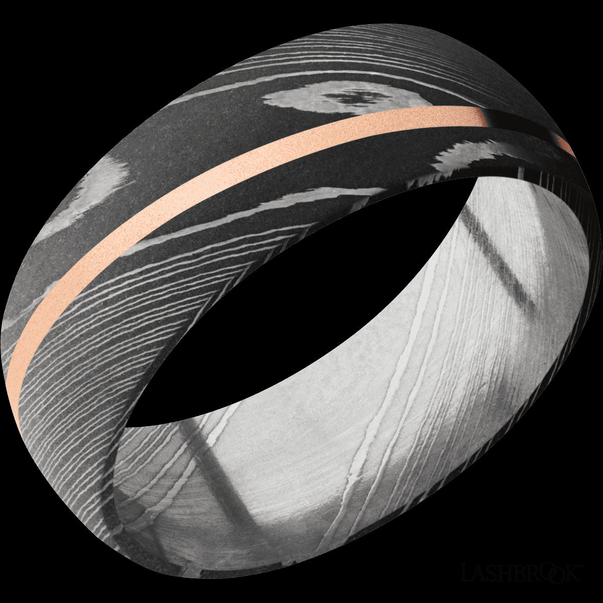 Handcrafted Damascus Steel Wedding Band with Acid Finish, Angled 14K Rose Gold Inlay - Size 10