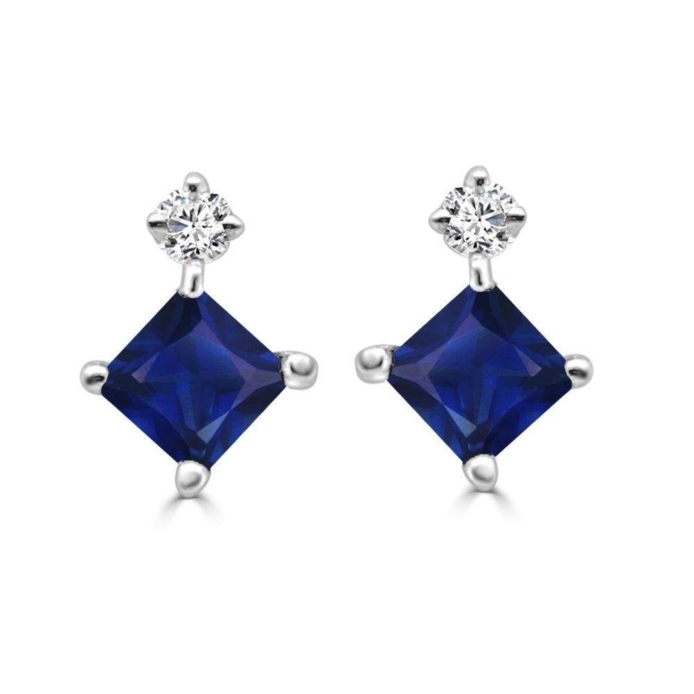 14K White Gold Princess Cut Sapphire and Diamond Earrings with 0.60 carats