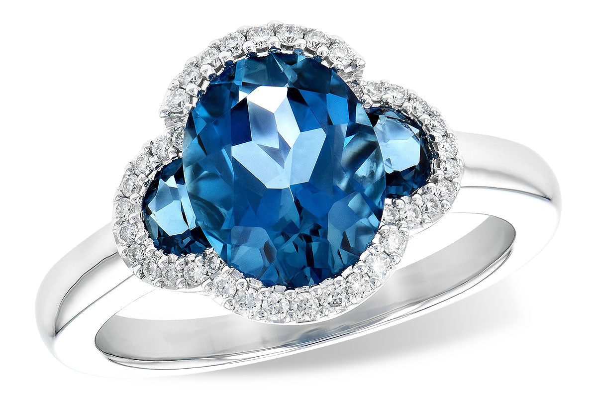 Oval Blue Topaz 3-Stone Halo Ring in 14K White Gold - 3.04 ct