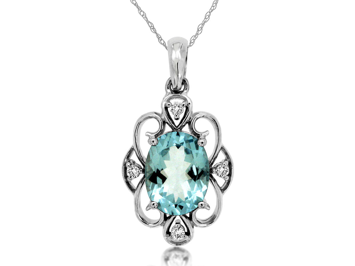 14 Karat White Gold Oval Aquamarine Necklace with Filigree Design and Diamond Accents