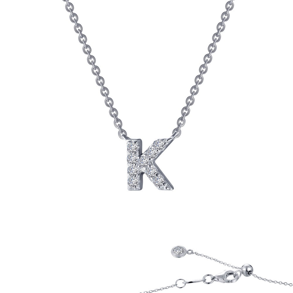 Platinum Coated Sterling Silver Block Letter K Necklace with Lassaire Accents (0.38ct)
