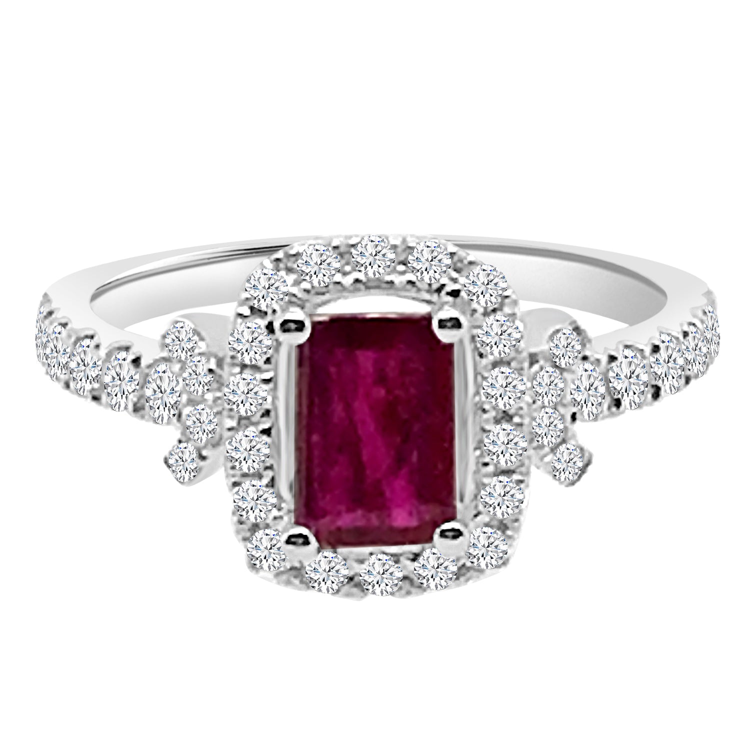 14K White Gold Ruby and Emerald Halo Ring - 0.92 Carat