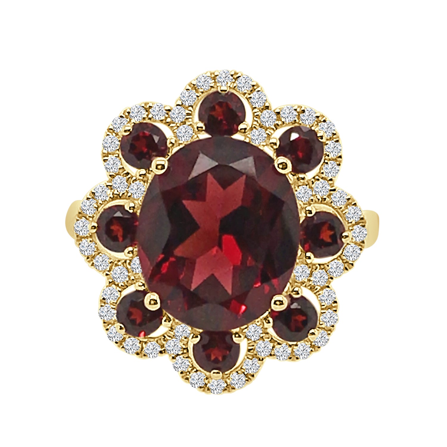 14K Yellow Gold Garnet Oval Ring with Scallop Edge - 7.40 ct
