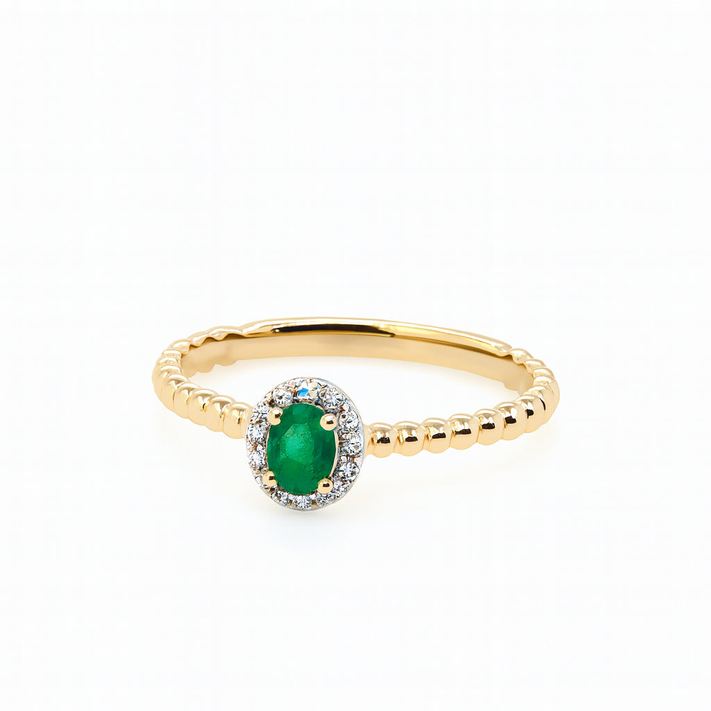 14K Two-Tone Emerald and Diamond Oval Ring 0.17 ct