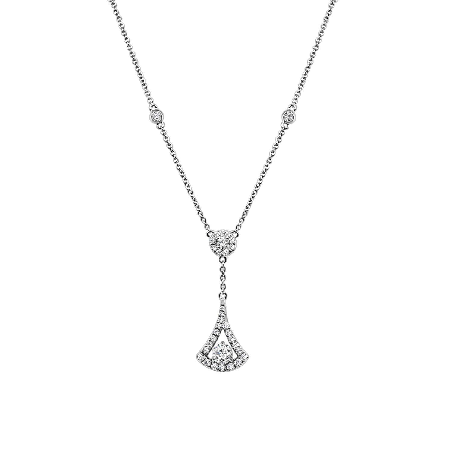 Sure, how about this title: 14K White Gold Natural Diamond Necklace with Rd Halo and Fan Drop Station - 0.84 ct