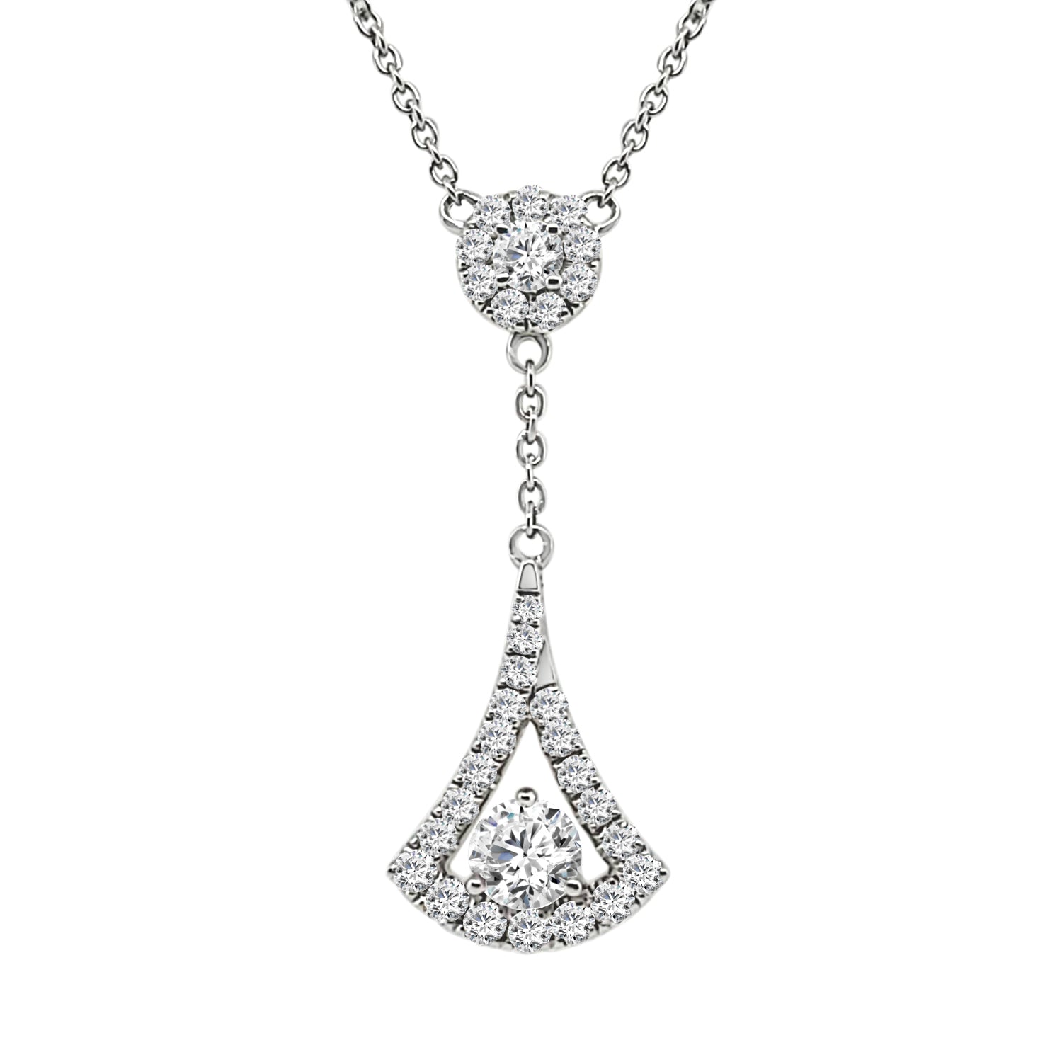 Sure, how about this title: 14K White Gold Natural Diamond Necklace with Rd Halo and Fan Drop Station - 0.84 ct