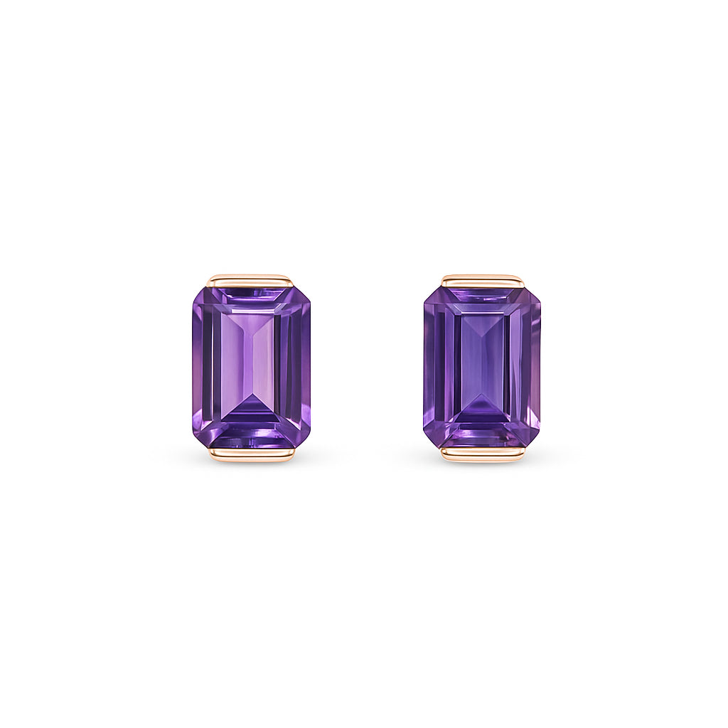14 Karat Yellow Gold Earrings with Amethyst Emerald Shape - 2.21 Carats