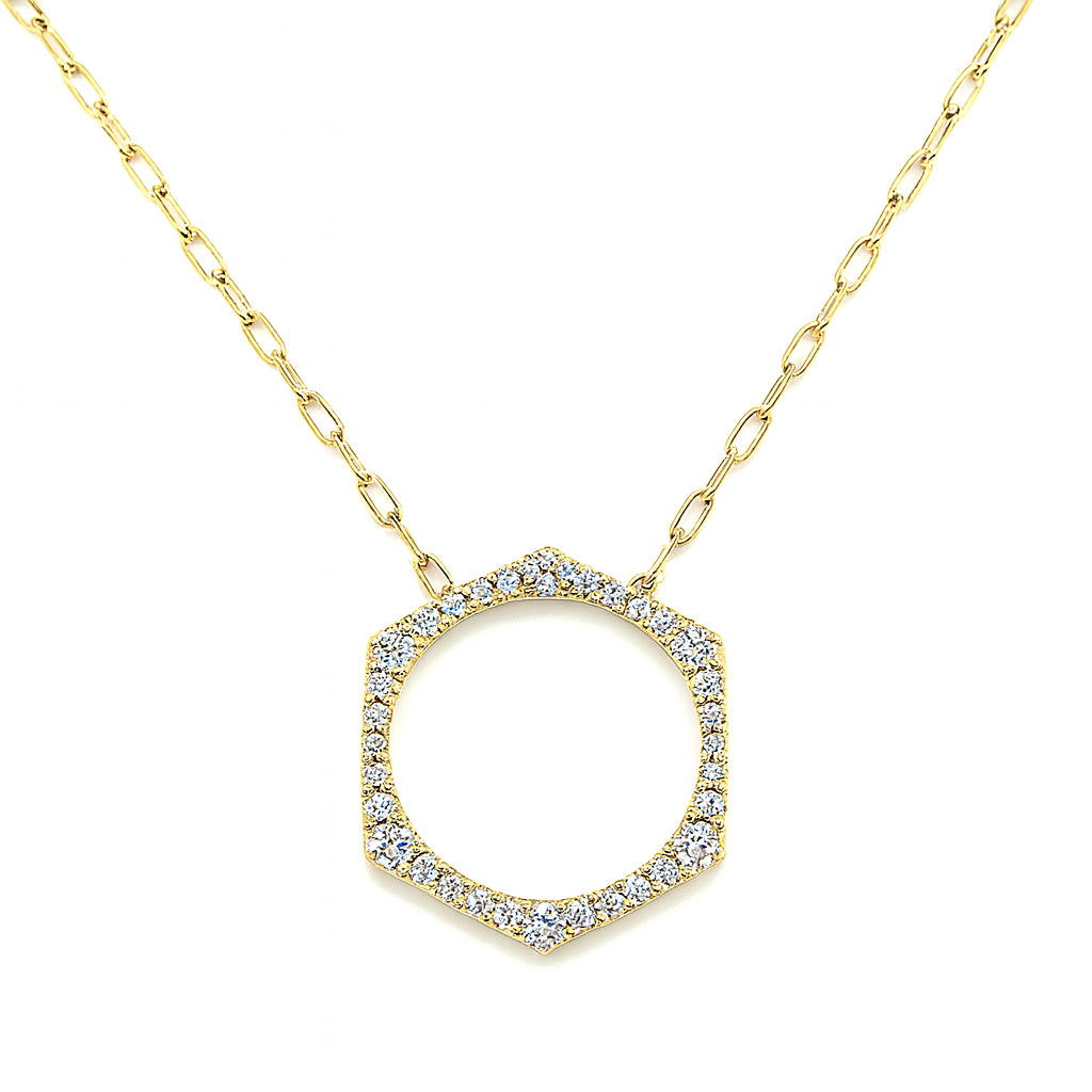 14K Yellow Gold Paper Clip Necklace with Open Geometric Stationary Pendant Featuring Round Natural Diamond