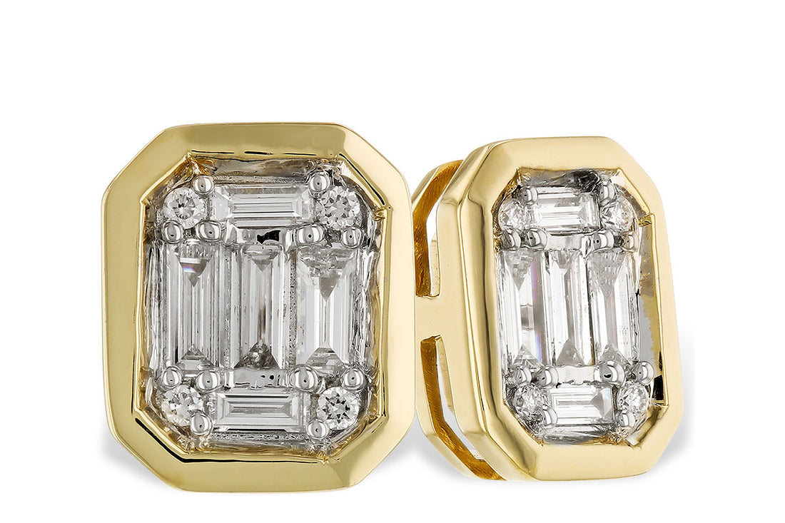14 Karat Yellow Gold Baguette and Round Natural Diamond Earrings