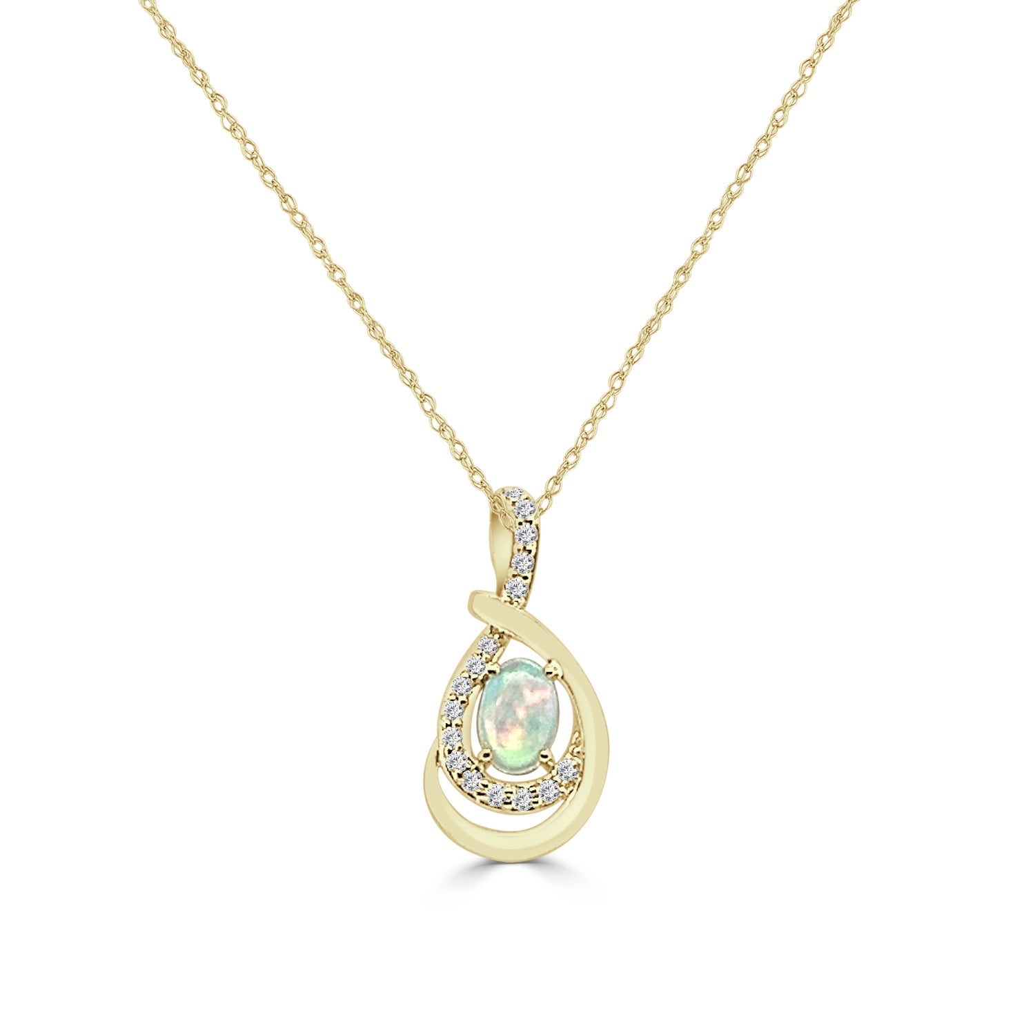 14K Yellow Gold Opal and Diamond Oval Pendant Necklace - 0.30 Carats