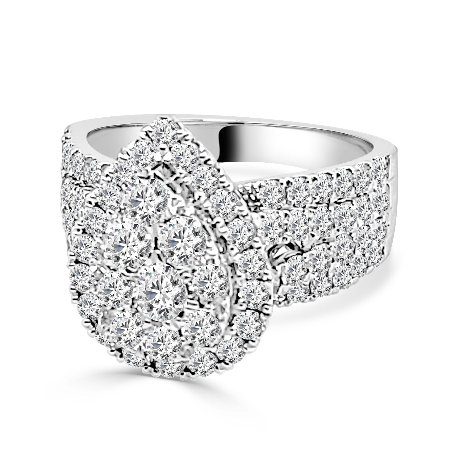 4 Row Split Shank Cluster Pear Diamond Engagement Ring in 14 Karat White Gold