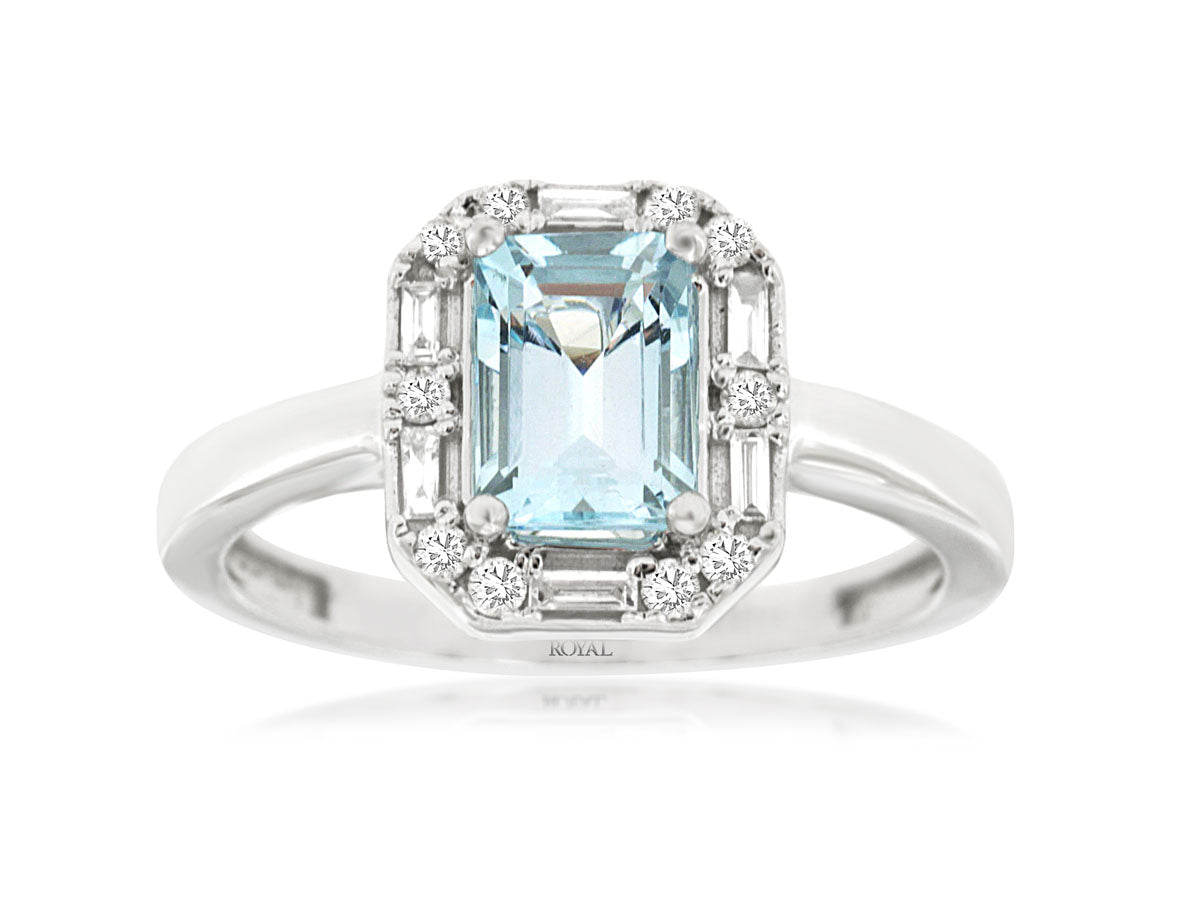 14K White Gold Ring with Baguette and Rd Emerald Halo Featuring Aquamarine 0.90 Carats