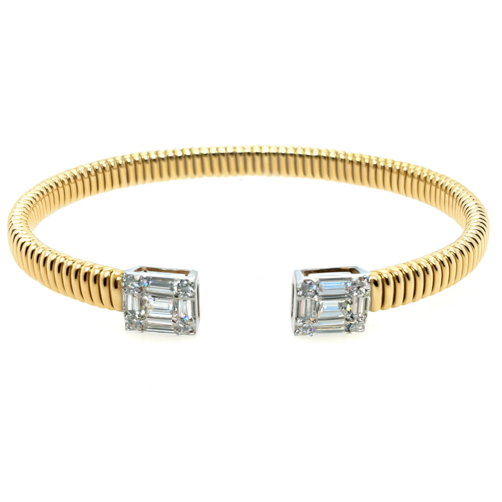 14K Yellow Gold Accordion Open Bangle Bracelet with Baguette and Round Cut Natural Diamond Accents (0.52 ct)