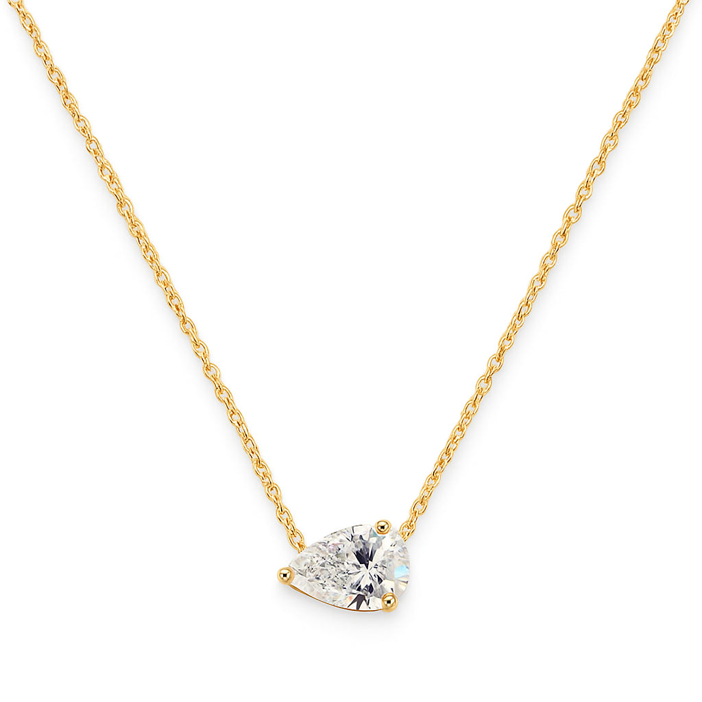 Christmas Sparkle: 14K Yellow Gold East To West Stationary Solitaire Necklace with Pear Shaped 1.03 Carat Lab Diamond