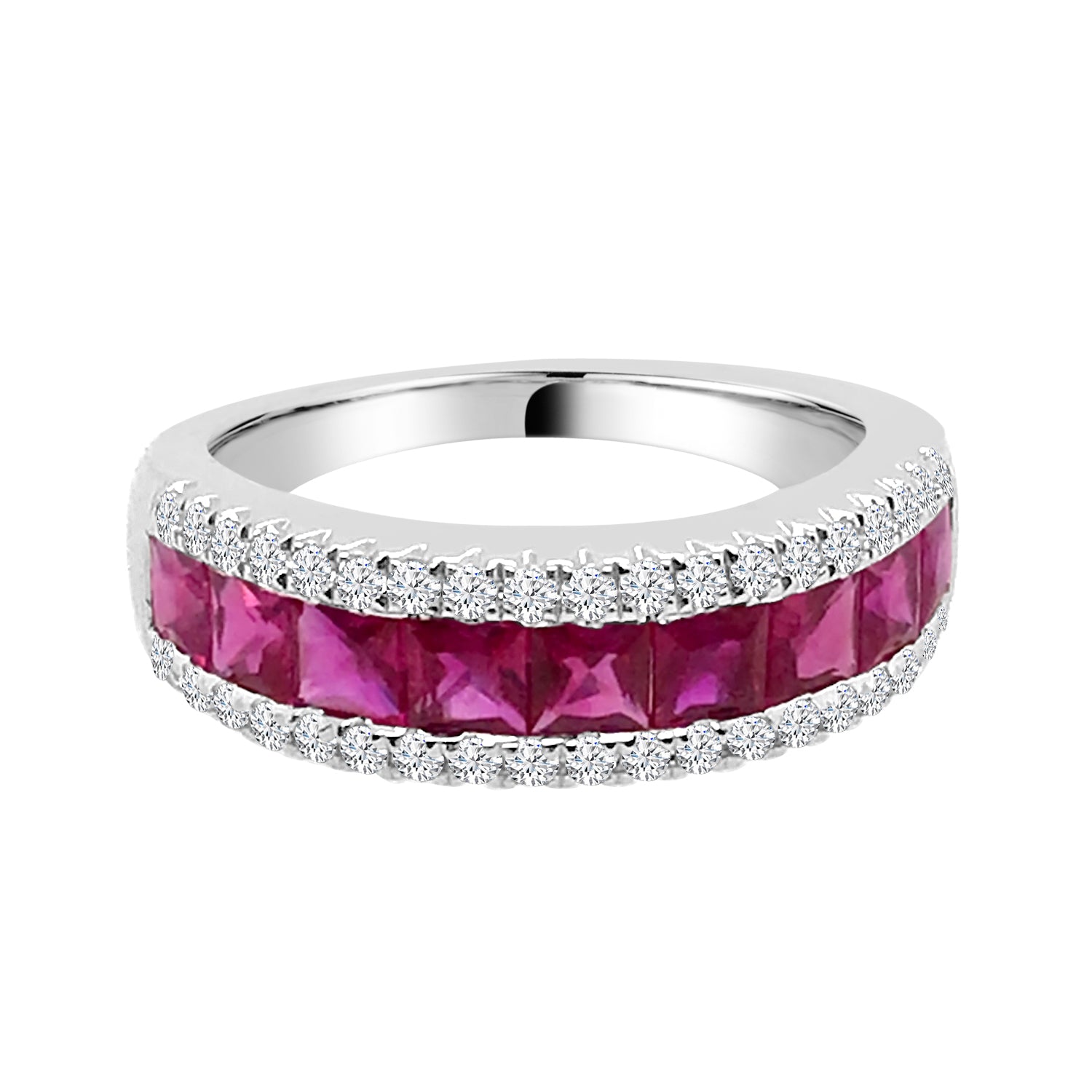 3 Row Princess Cut Ruby Ring in 14K White Gold - 2.00 Carats