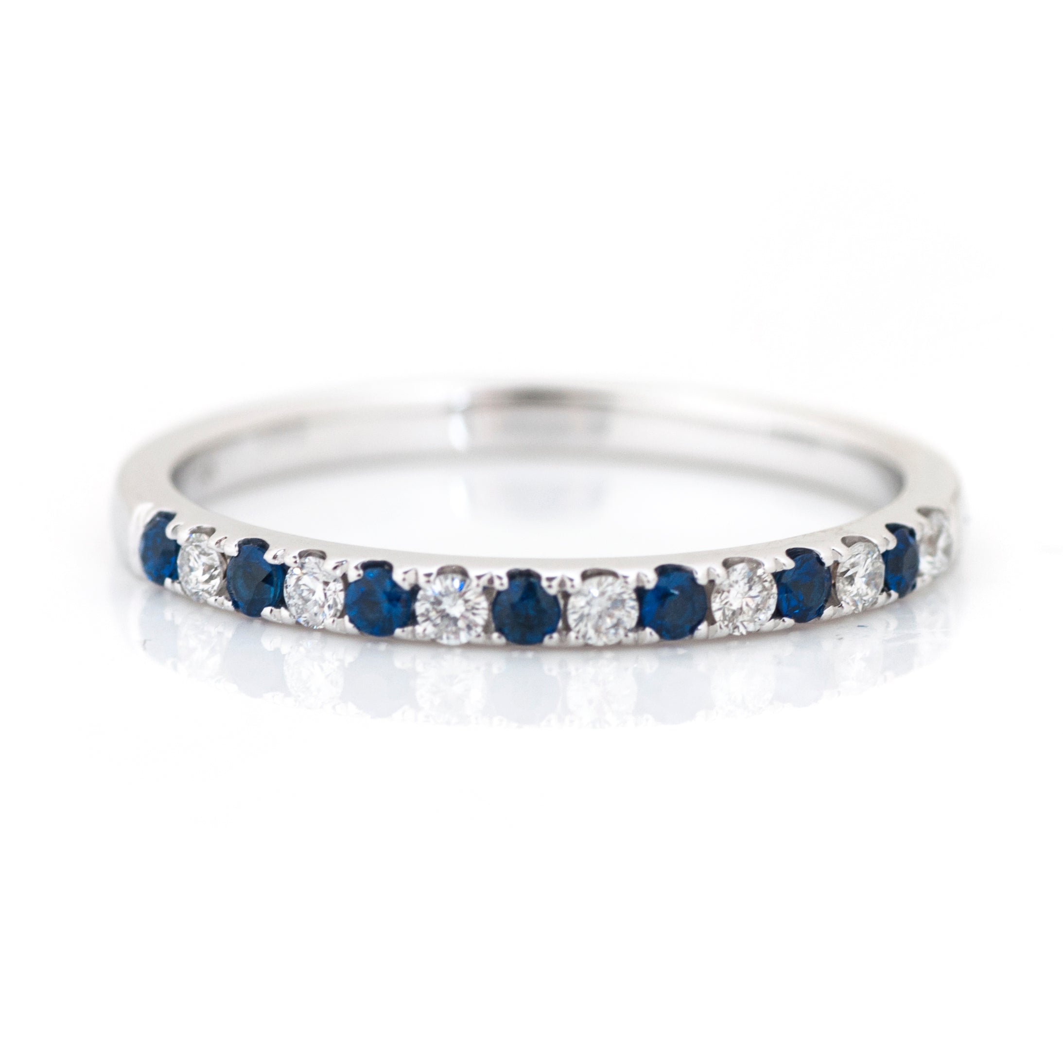 14K White Gold Sapphire and Diamond Straight Band Ring, Round Blue Sapphire 0.15ct