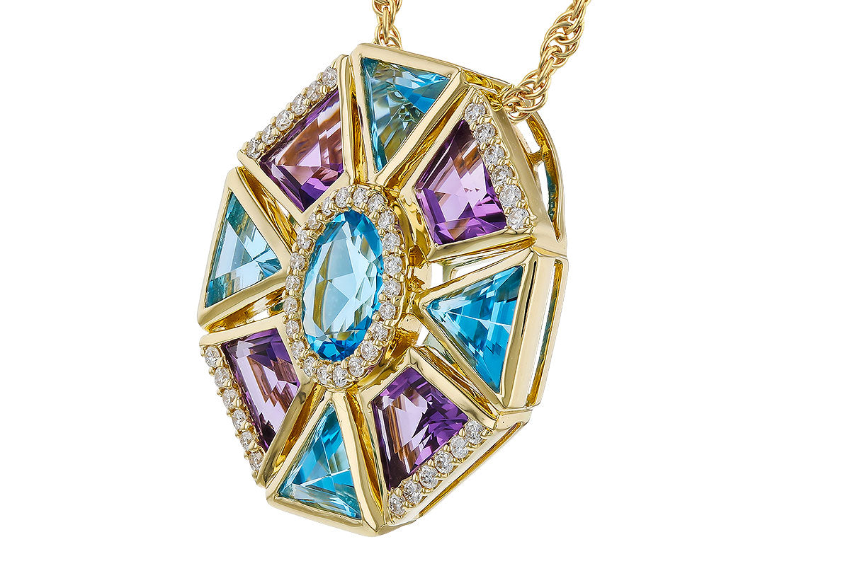 14K Yellow Gold Necklace with Trapezoid and Triangle Blue Topaz Pendant - 3.16 Carats