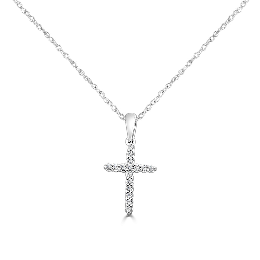 10K White Gold Diamond Cross Pendant Necklace with 0.10 Carat Natural Round Diamond