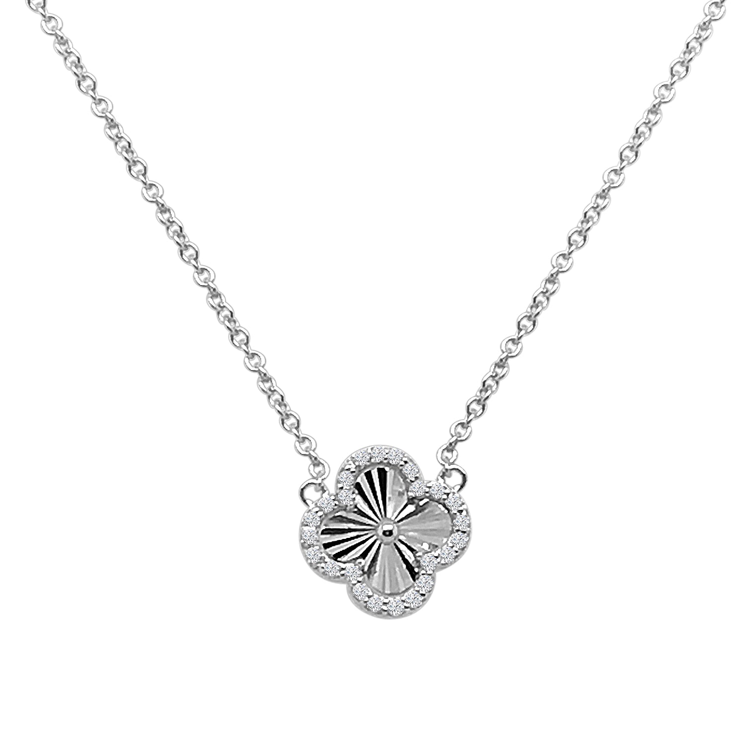 14 Karat White Gold D/c Clover Necklace with Halo Featuring Natural Diamond (0.09 ct)