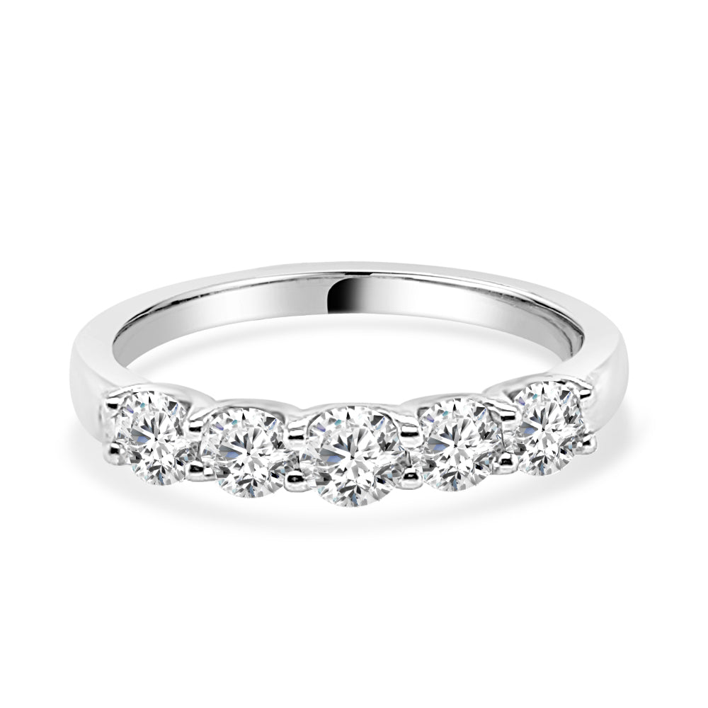 Platinum Five Stone Shared Prong Ring with Natural Diamond - 0.97 Carats, Round Shape