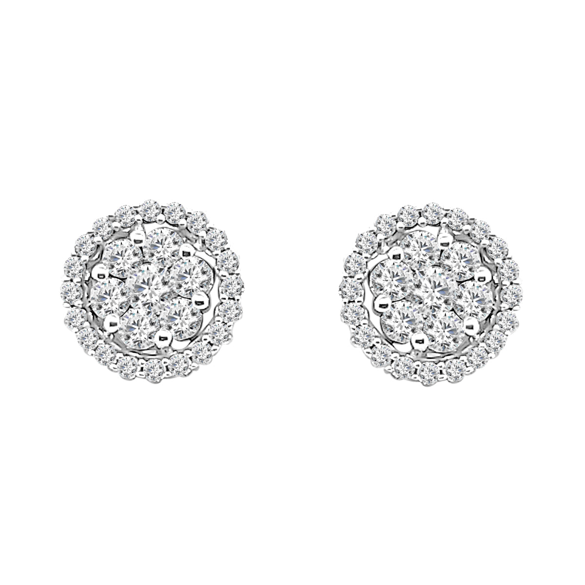 Dazzling 14K White Gold Round Halo Cluster Earrings with 0.74ct Natural Diamonds